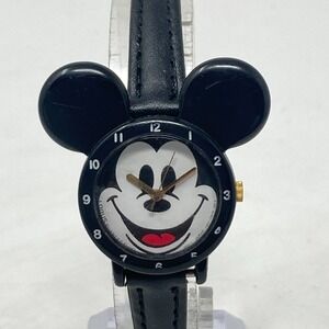 Lorus Mickey Mouse Ears Watch Women Black V821-0280 Skinny Band New Battery 8.5"